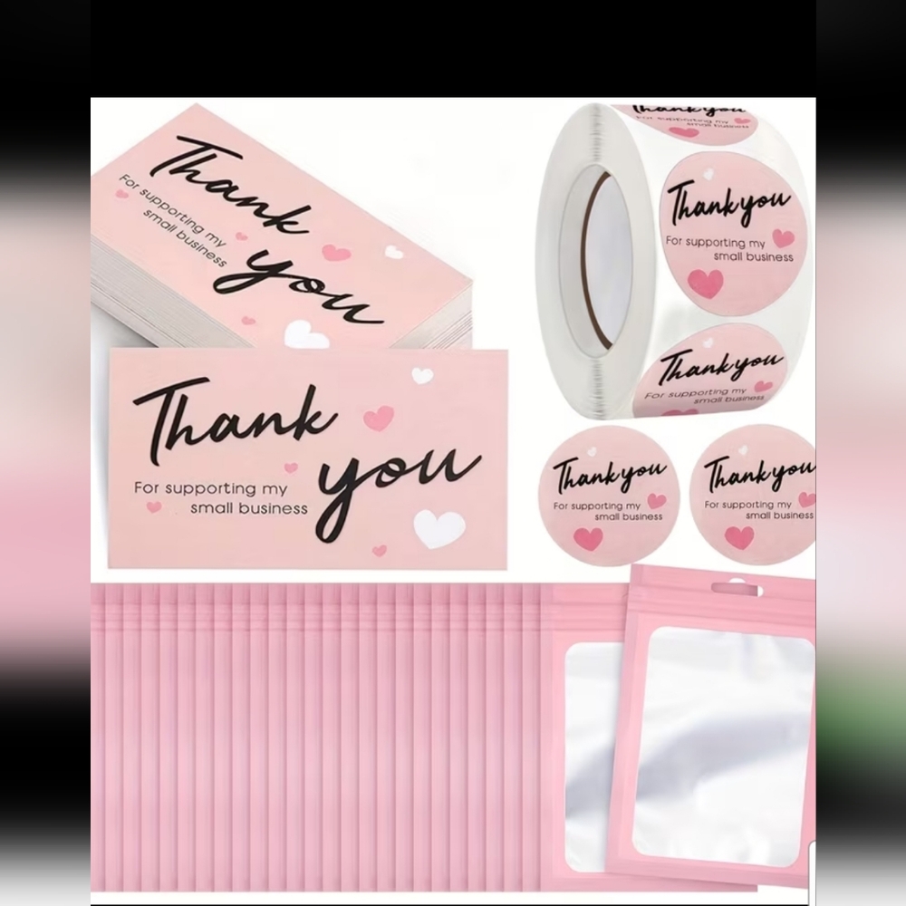 Thank You Cards & Envelopes, Roll Of Stickers & Small Resealable Bags.